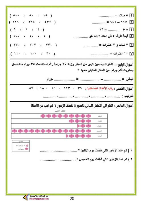 مدرس دوت كوم التقييمات النهائية فى الرياضيات للصف الثاني الابتدائي الفصل الدراسي الأول 