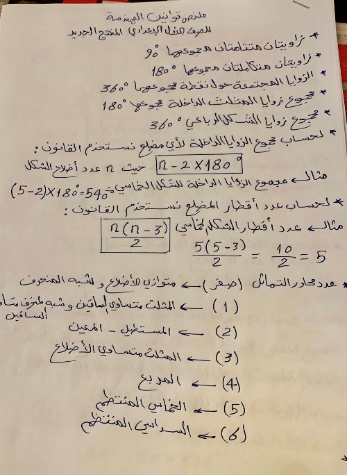 مذكرتى ملخص قوانين الهندسة الصف الاول الاعدادي الترم الاول 