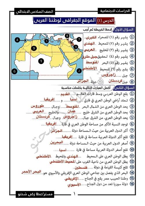 مذكرتى مراجعة ليلة الامتحان فى مادة الدراسات الاجتماعية الصف السادس الابتدائى الترم الاول أ/ عطا ذكى شحتو