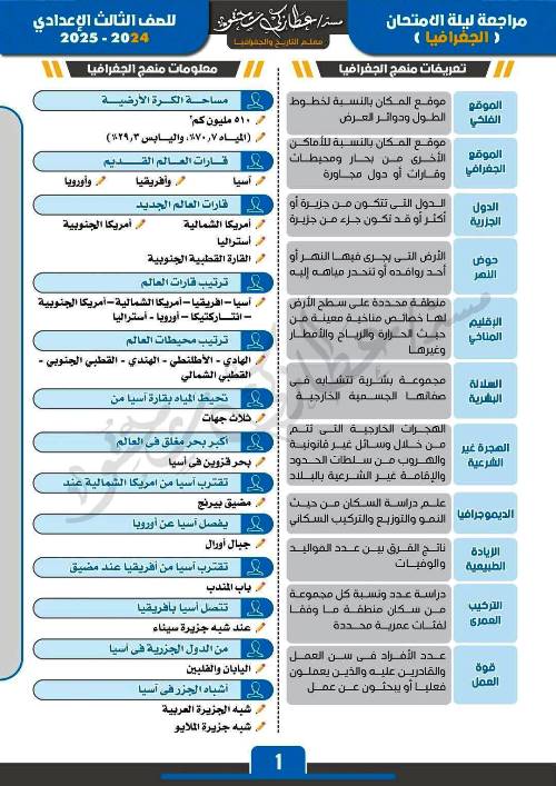 مذكرتى مراجعة ليلة الامتحان جغرافيا الصف الثالث الإعدادي الترم الاول أ/ عطا زكى شحتو