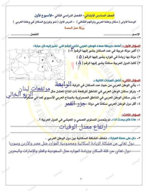 مدرس دوت كوم إجابة الأسبوع الأول دراسات للصفوف الرابع والخامس والسادس للفصل الدراسي الثاني