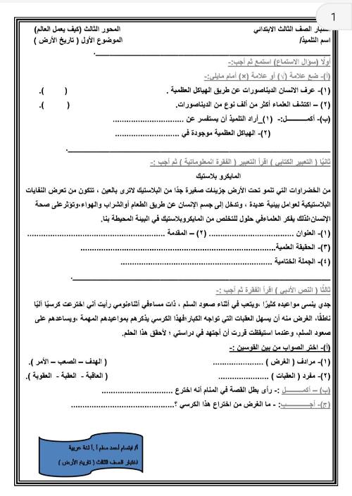 مدرس دوت كوم اختبارات اللغة العربية للصف ( الثالث - الرابع - الخامس - السادس ) الابتدائي الترم الثاني  أ/ ابتسام احمد